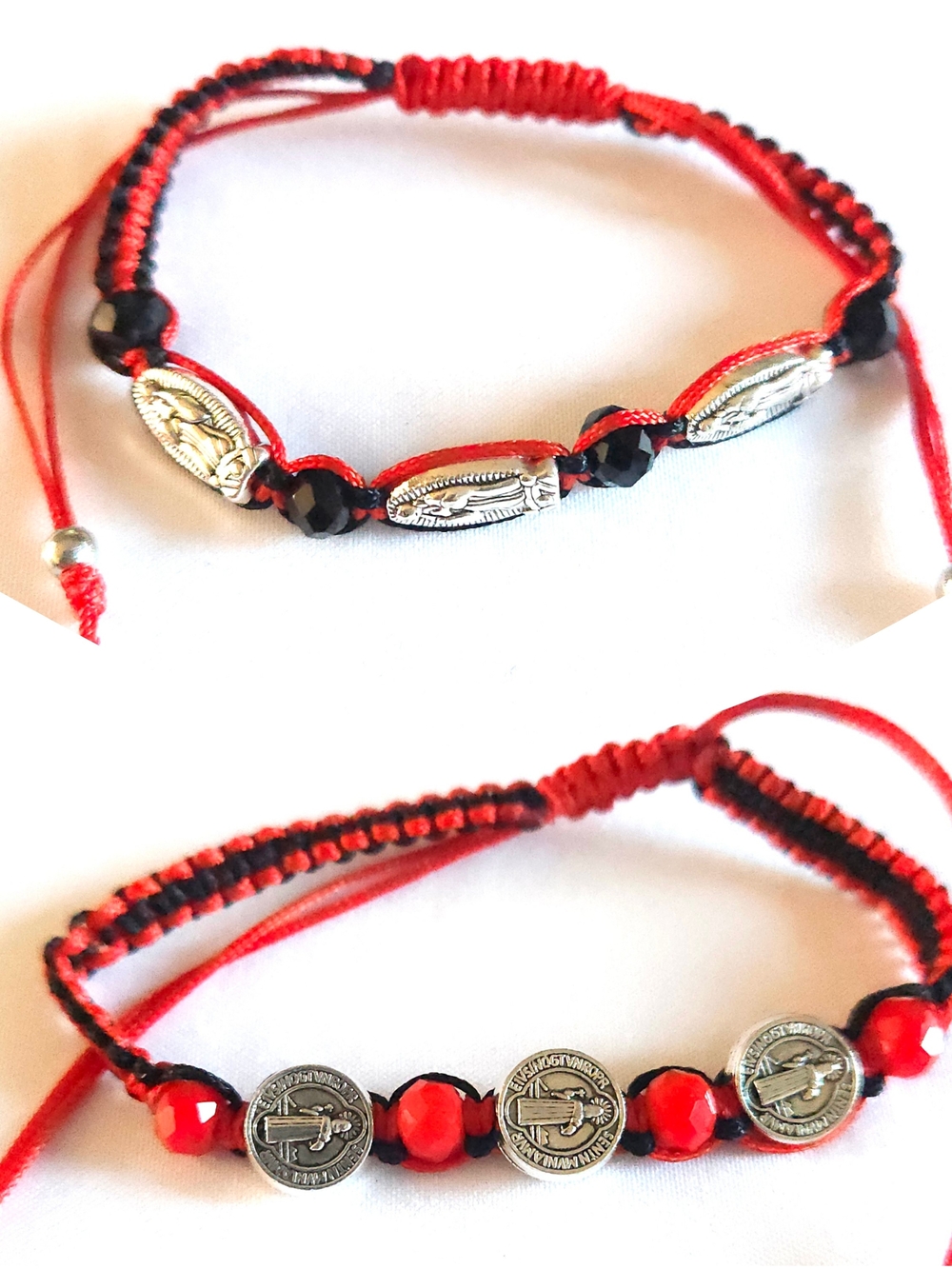 Red and Black Saint Medal Beaded Bracelet - Women's Jewelry